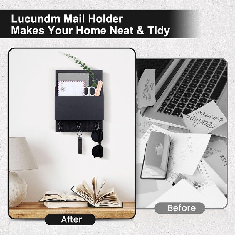 Lucundm Key and Mail Holder for Wall Mount, Entryway Mail Holder with 2 Slot, Key Holder with 3 Sturdy Hooks for Coat, Dog Leash, Decorative Key Rack (8.86”W x 11.42”H x 3”D) (Black) - Image 4